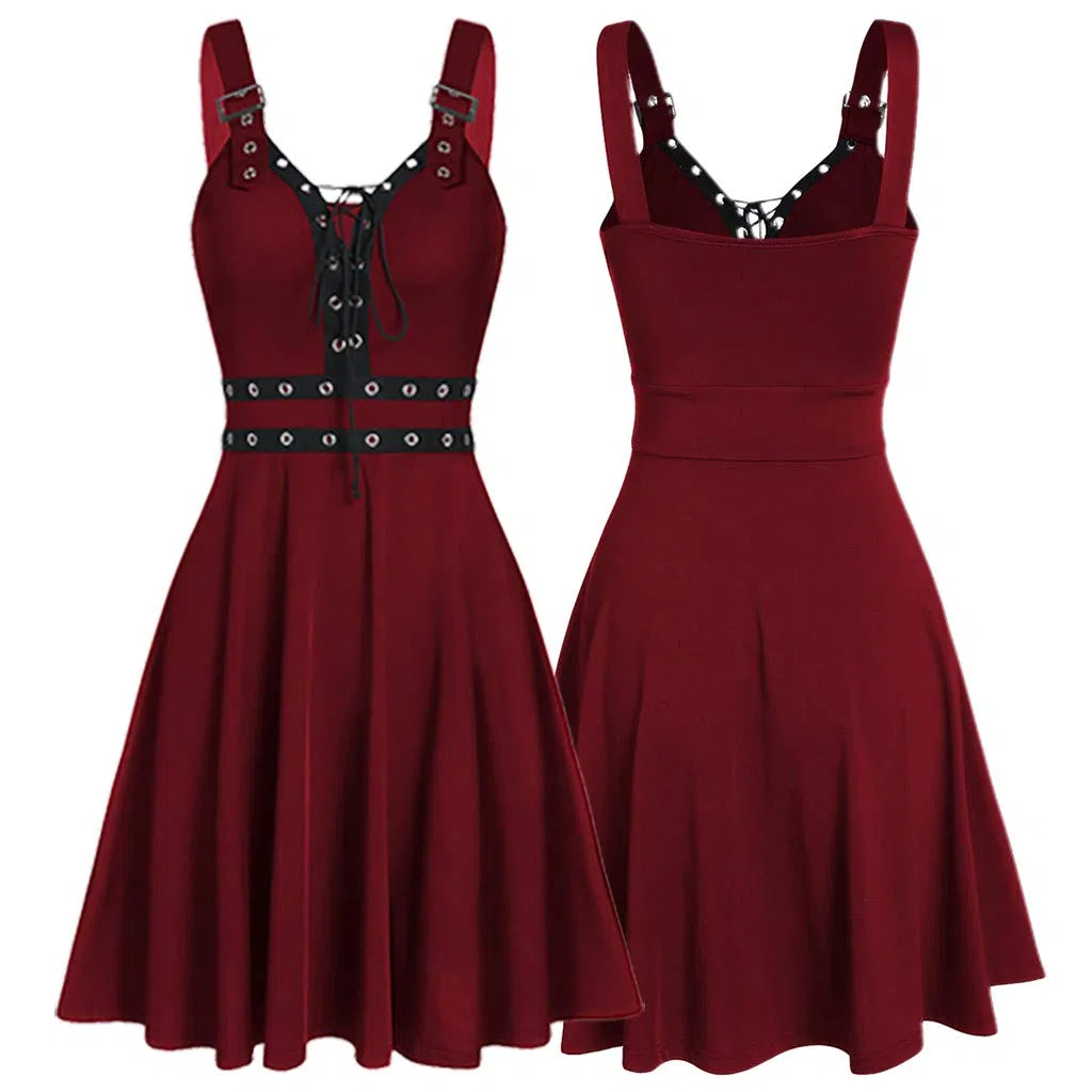 Abito estivo da donna, stile gotico, senza maniche, con lacci, stile gotico, abito da sera, abito da ballo, abito da sera