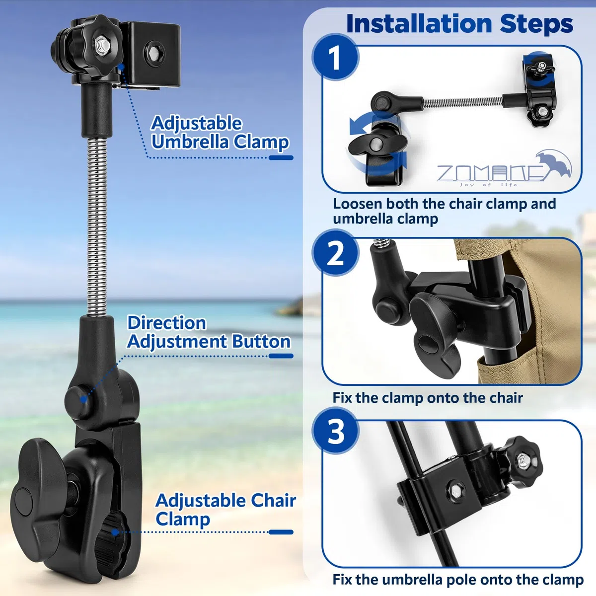 ZOMAKE Ombrellone per Sedia con Morsetto Clip, Parasole per Sdraio Mare, Ombrello per Sedia da Spiaggia