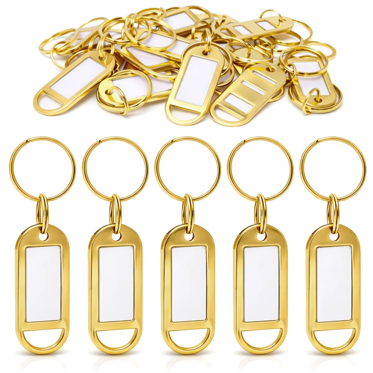 Portachiavi con Etichetta in Metallo Oro – Porta Chiavi con Inserto Scrivibile Fronte-Retro – Robusti, Riutilizzabili – Ideali per Ufficio, Hotel, Valigie, Animali