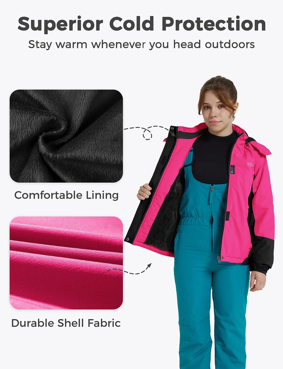 Wantdo Giacca da Sci Montagna Invernale Parka da Neve Caldo con Cappuccio Cappotto da Snowboard Giubbotto Impermeabile Bambina