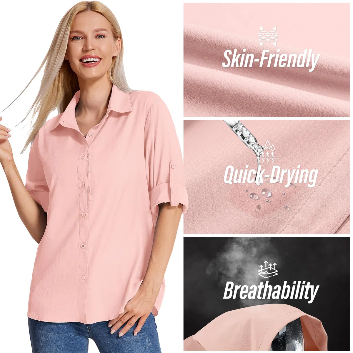 yeyity Camicia da donna con protezione UV, a maniche lunghe, ad asciugatura rapida, per escursioni, per vacanze in spiaggia, elegante