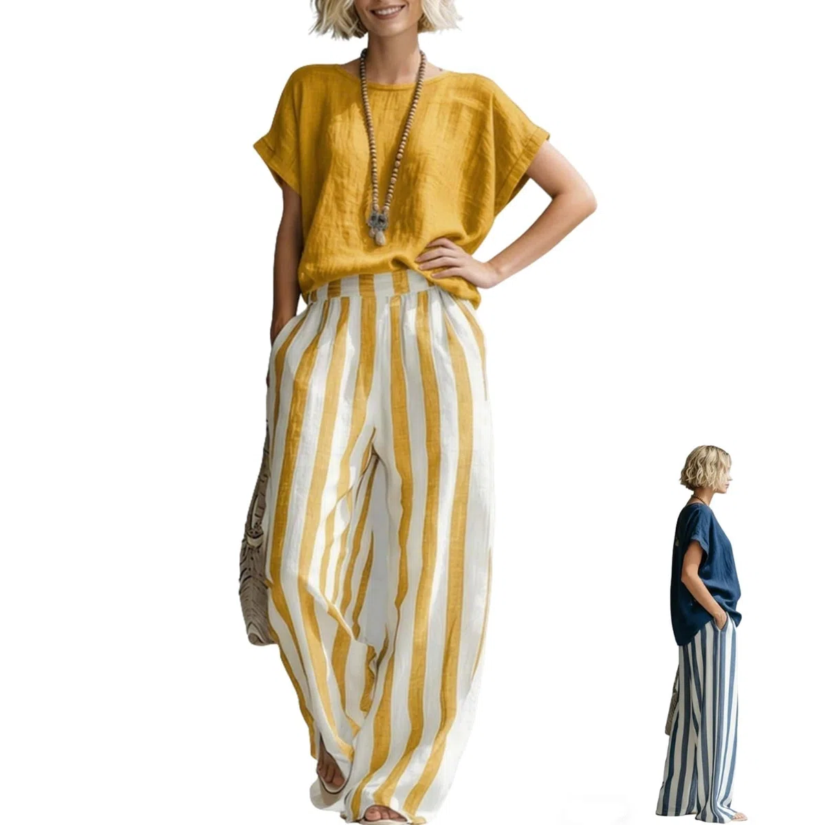 Completo Donna Elegante Completi Lino Estivo Tailleur Donna Estivo Relax Tuta Righe Pantalone Tempo Libero Slim Fit T-Shirt Coordinati Stile Boho Set da a Maniche Corte Abbinato Adatto All’Estate