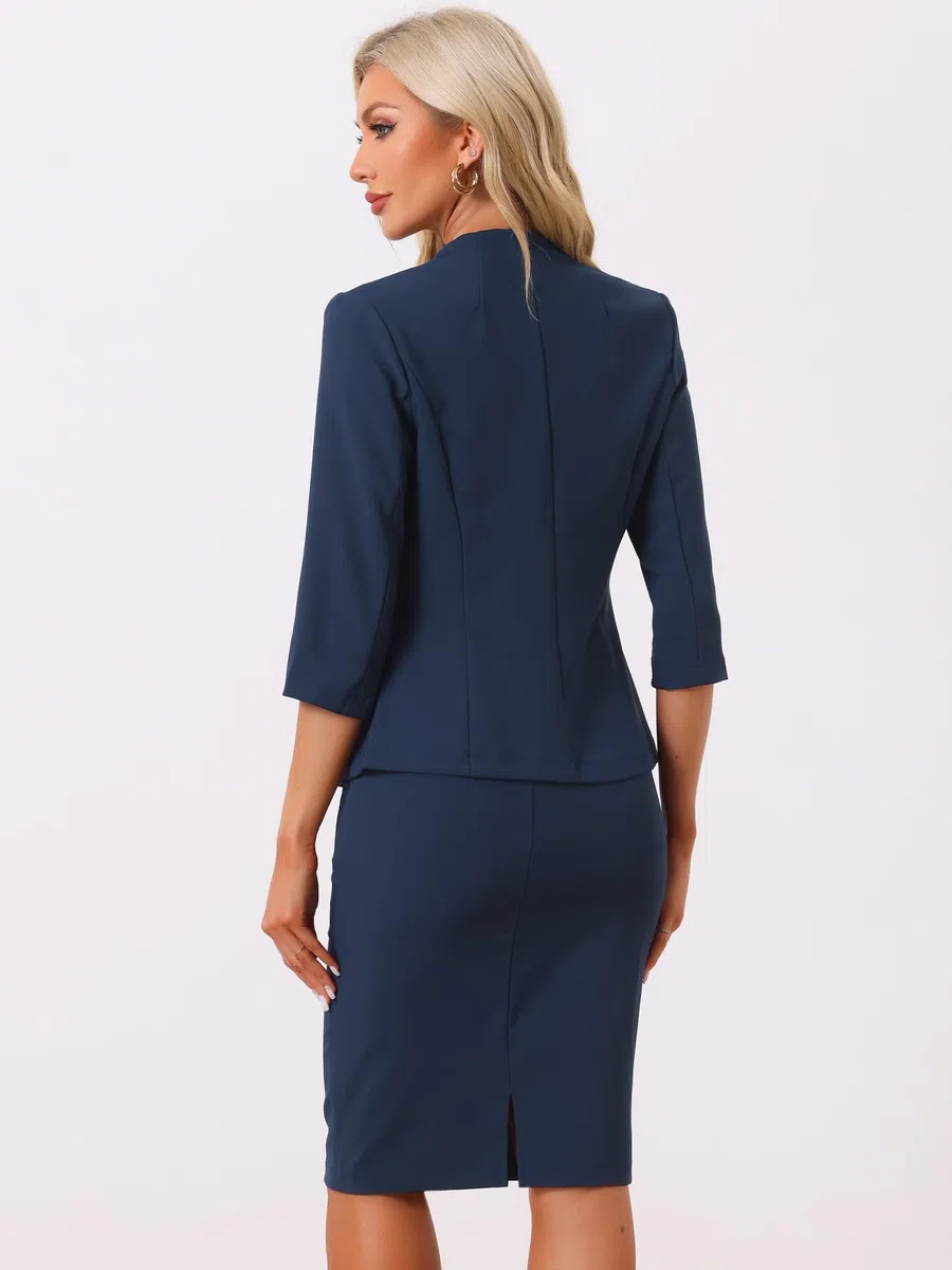 Allegra K Donna Set Gonna da Lavoro per Gonna A Tubino Blazer Senza Colletto in 2 Pezzi da Ufficio Blu Navy L