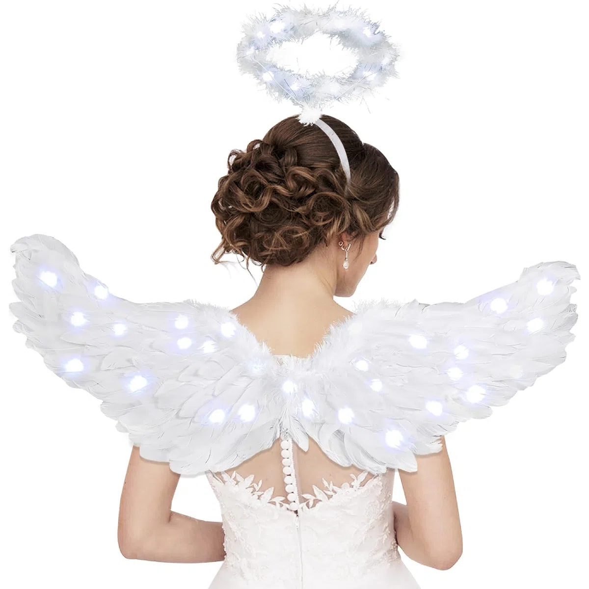 Ali d'Angelo, Ali d'Angelo Illuminate e Aureola, con Luci LED, 3 modalità di Illuminazione, Costume da Angelo Bianco, per Halloween, Natale, Cosplay, Feste