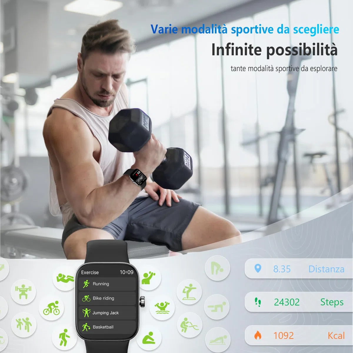 Smartwatch, 1.85'' Schermo Orologio Smartwatch Uomo Donna con Chiamata e Risposta Vivavoce, Smart Watch con Contapassi, Cardiofrequenzimetro da Polso, 200+ modalità Sportive per Android iOS
