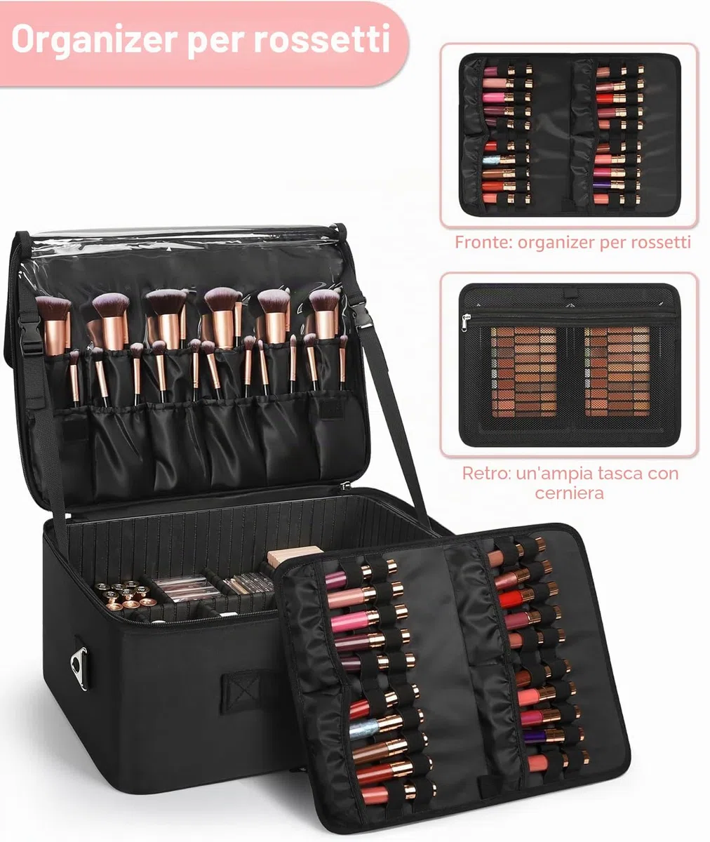 Relavel Valigetta da trucco XXL professionale organizer portapennelli 4 tasche trasparenti piastra rossetto tracolla scomparti regolabili