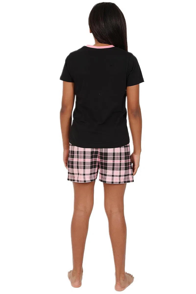 thepyjamafactory Pigiama da Bambina in Cotone Corto con Gamba Scozzese Nera e Rosa per Bambini