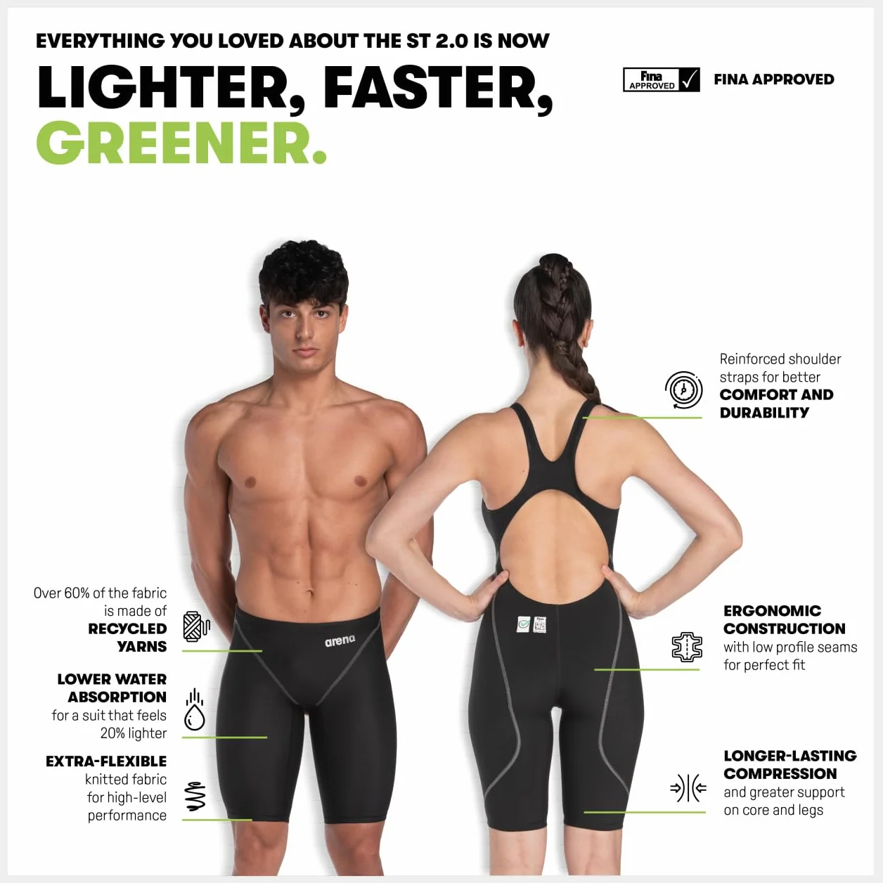 arena Powerskin ST Next Intero Bambina, Costume da Gara Approvato FINA, Costume Bambina Nuoto in Tessuto Riciclato, Costume Intero Bambina Foderato con Spalline Rinforzate
