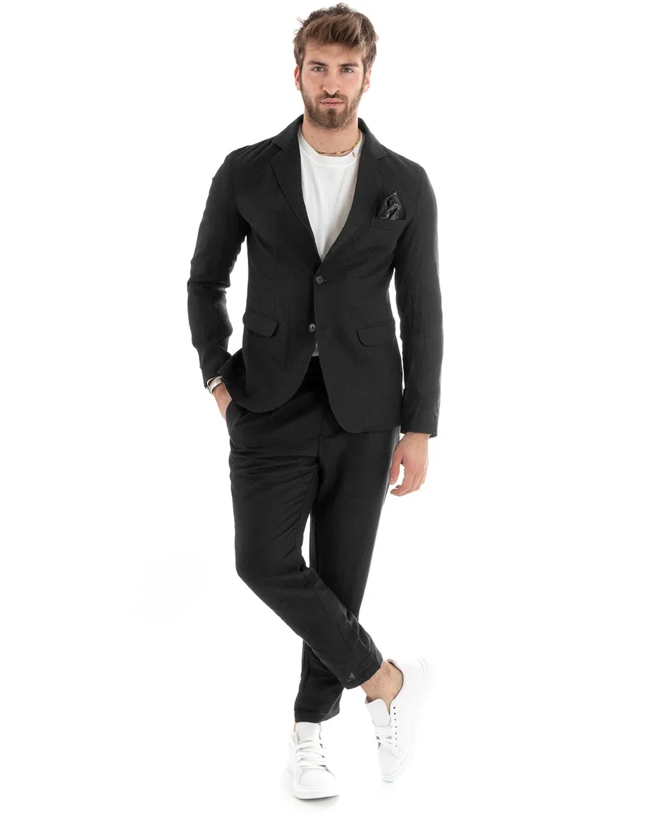 Outfit Uomo Abito Completo Lino Giacca Monopetto Pantalone Classico Tinta Unita Taschino a Pochette