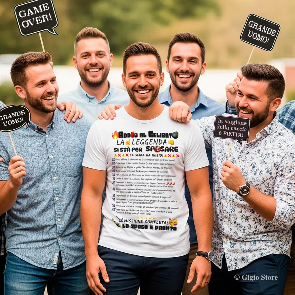 Maglietta Gioco Addio al Celibato Sposo con Lista Missioni Challenge e Penitenze