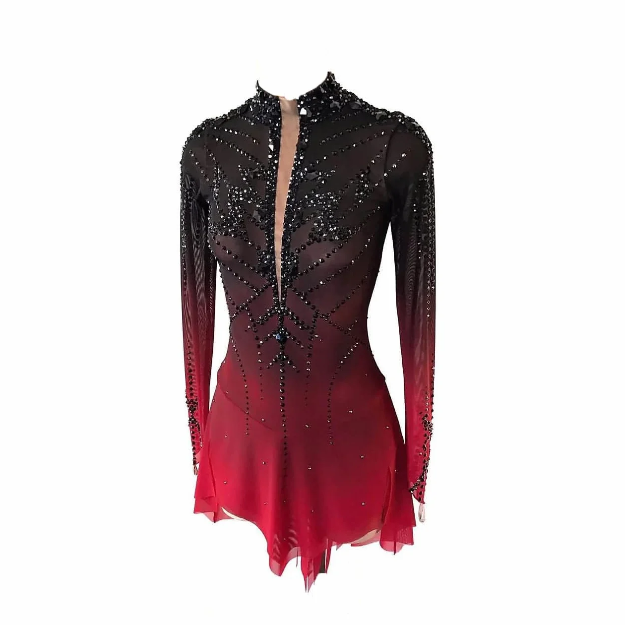 Vestito da pattinaggio su ghiaccio da ragazza, colore nero e rosso, tinta con aureola, professionale, maniche lunghe, da competizione, ginnastica, body con cristalli