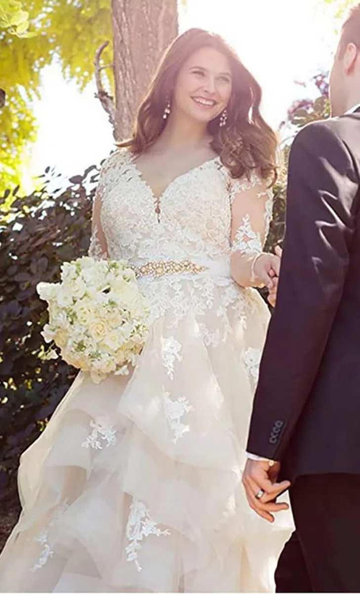 Abito da sposa da donna con pizzo, lungo, bohémien, spiaggia, con fessura, elegante linea ad A, abito da sposa