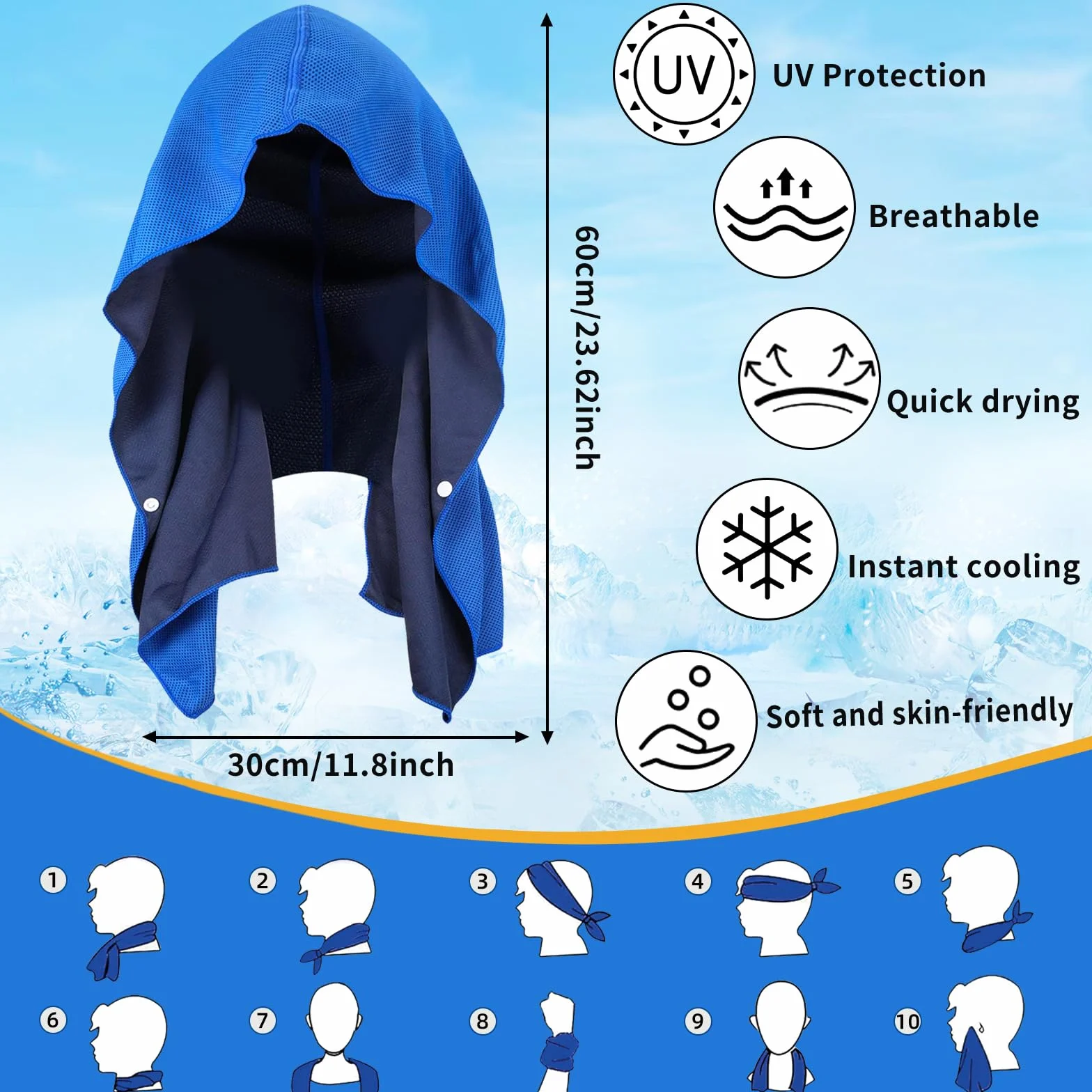Asciugamano Rinfrescante Sportivo, Bandana Refrigerante, Asciugatura Rapida Asciugamano con Cappuccio Rinfrescante, Asciugamani Rinfrescanti per Collo e Viso per Sport Campeggio Spiaggia Aperto