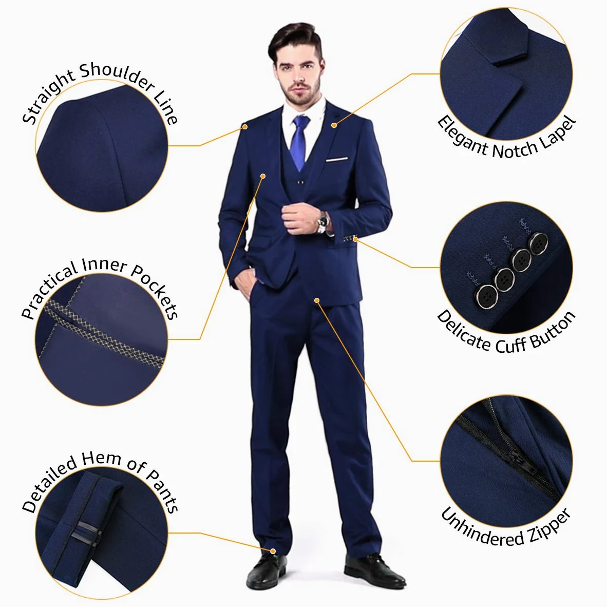 YND - Completo da uomo slim fit, 3 pezzi, giacca a tinta unita con un bottone, gilet, pantaloni e cravatta