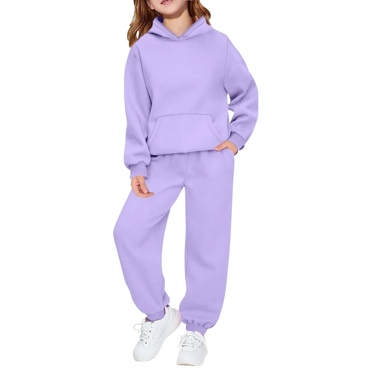 Set di 2 pantaloni della tuta in cotone per ragazze, pantaloni da jogging, felpe con cappuccio in pile, per adolescenti e bambini, tinta unita, felpe, tute, abbigliamento sportivo casual caldo