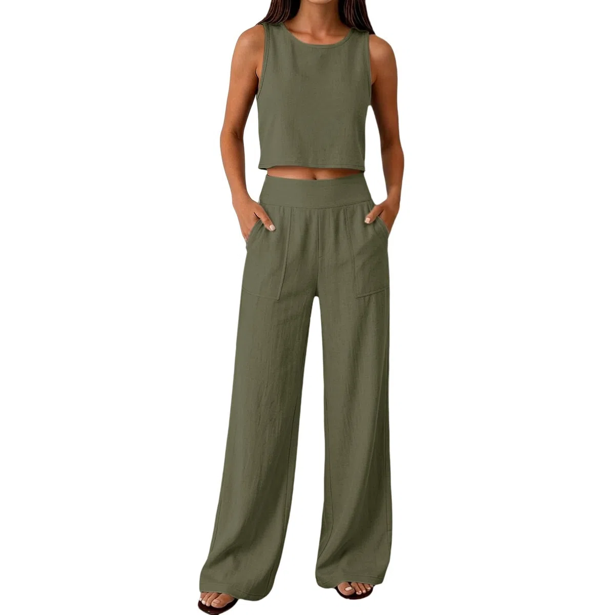 Completo Estivo Donna Lino Tailleur Donna Estiva Senza Maniche Girocollo Tuta Completa Lino e Cotone Completi Estivi Set Casual Relax Corte Top e Pantaloni Estivi da Casa Ideale Per le Vacanza
