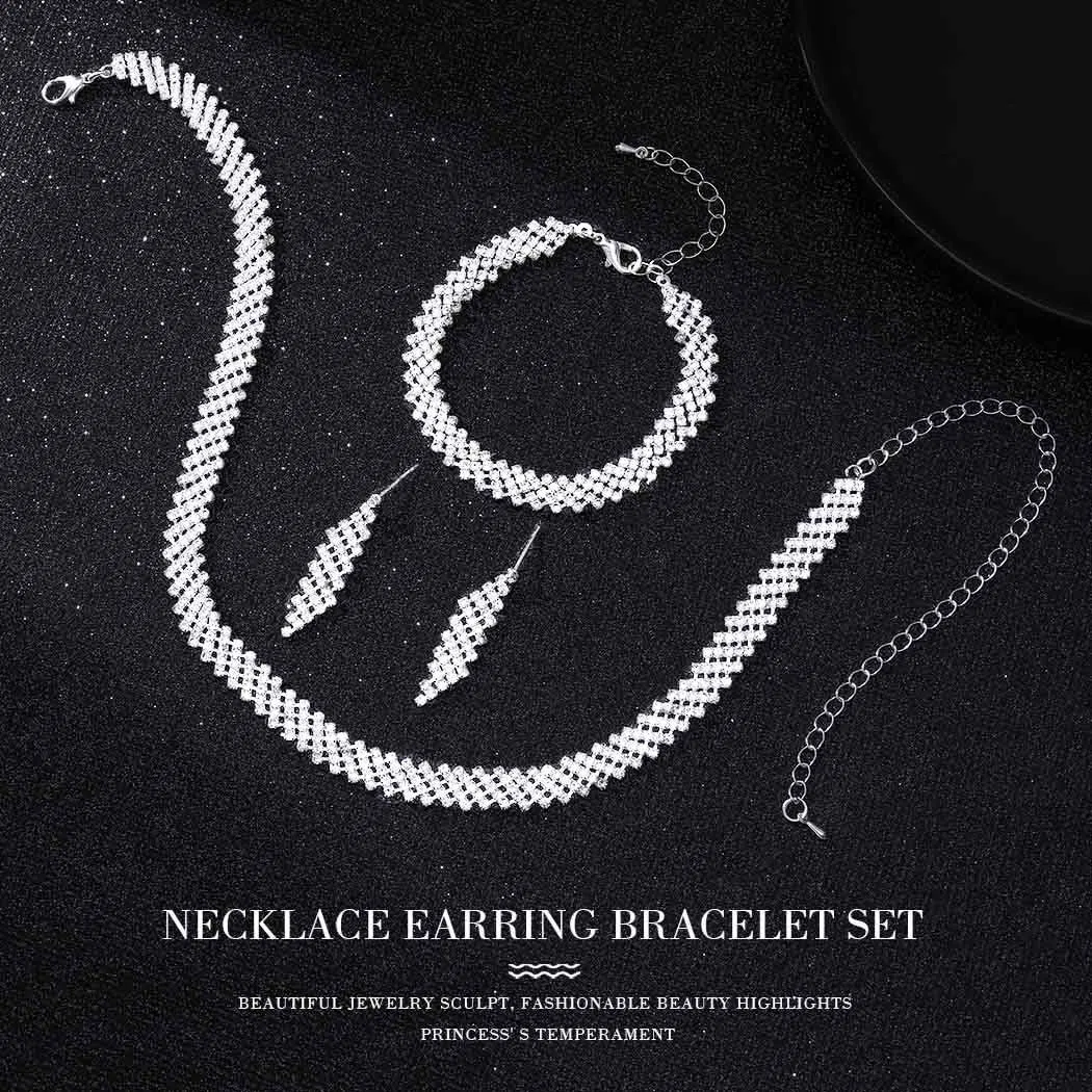 Set di gioielli da sposa in argento con strass, collana, bracciale, orecchini con cristalli scintillanti, adatti per l'anniversario di matrimonio per donne e ragazze