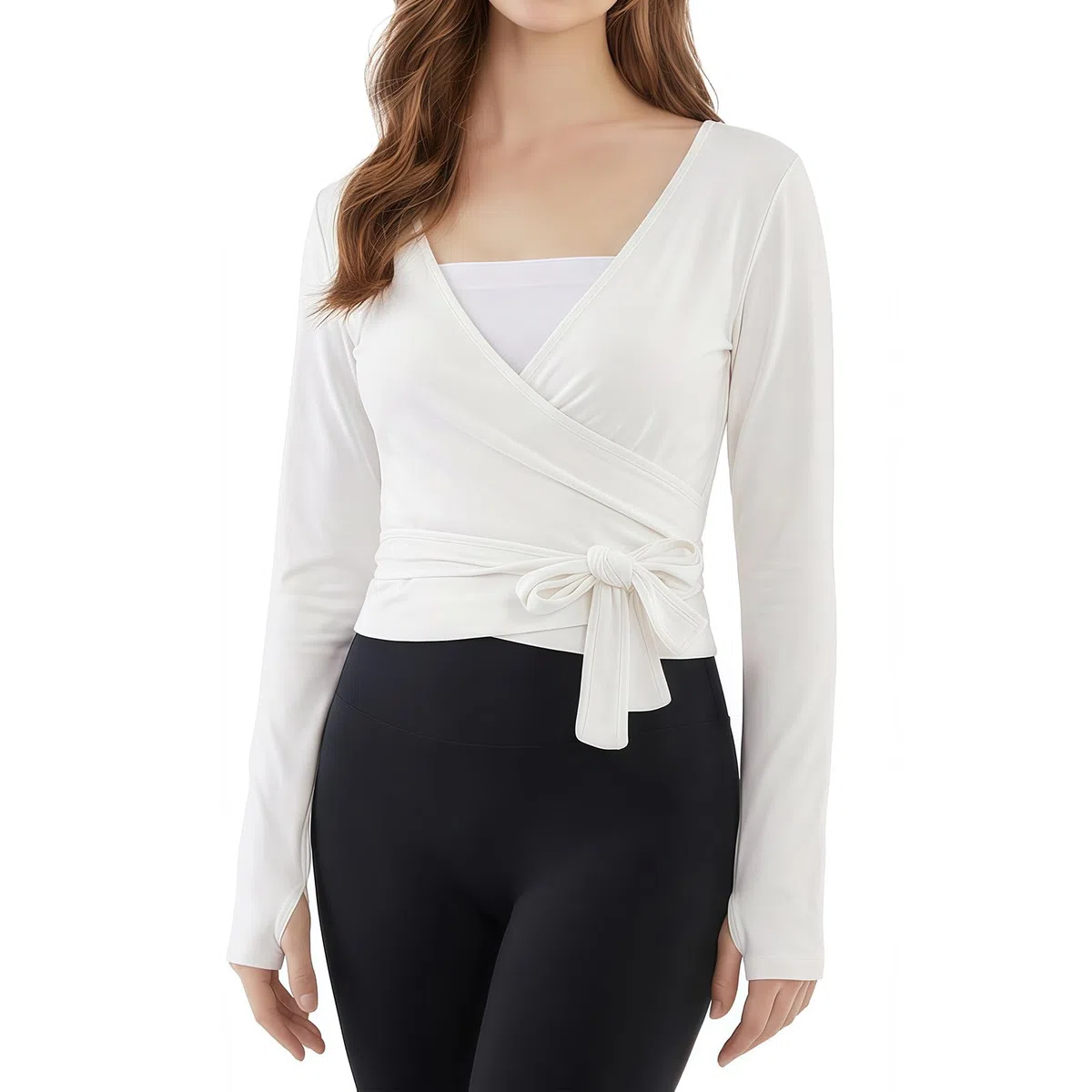 Baisdan Top da Pilates Donna Avvolgente Maniche Lunghe, Top Yoga Balletto Scollo a V Profondo Allacciatura con Nodo Frontale, Maglia Activewear Palestra Allenamento Stile Y2K