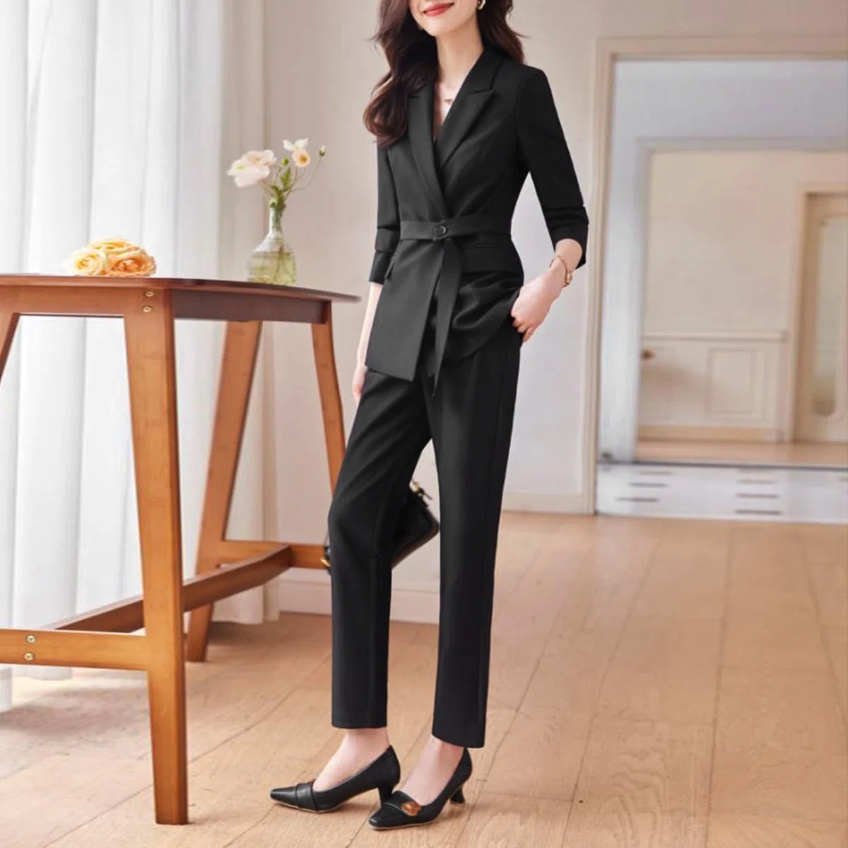 YYNUDA Set di 2 pezzi da donna vestito (con cintura) sartore/pantaloni slim fit a un bottone, abbigliamento business con tasche eleganti e quotidiane per quattro stagioni