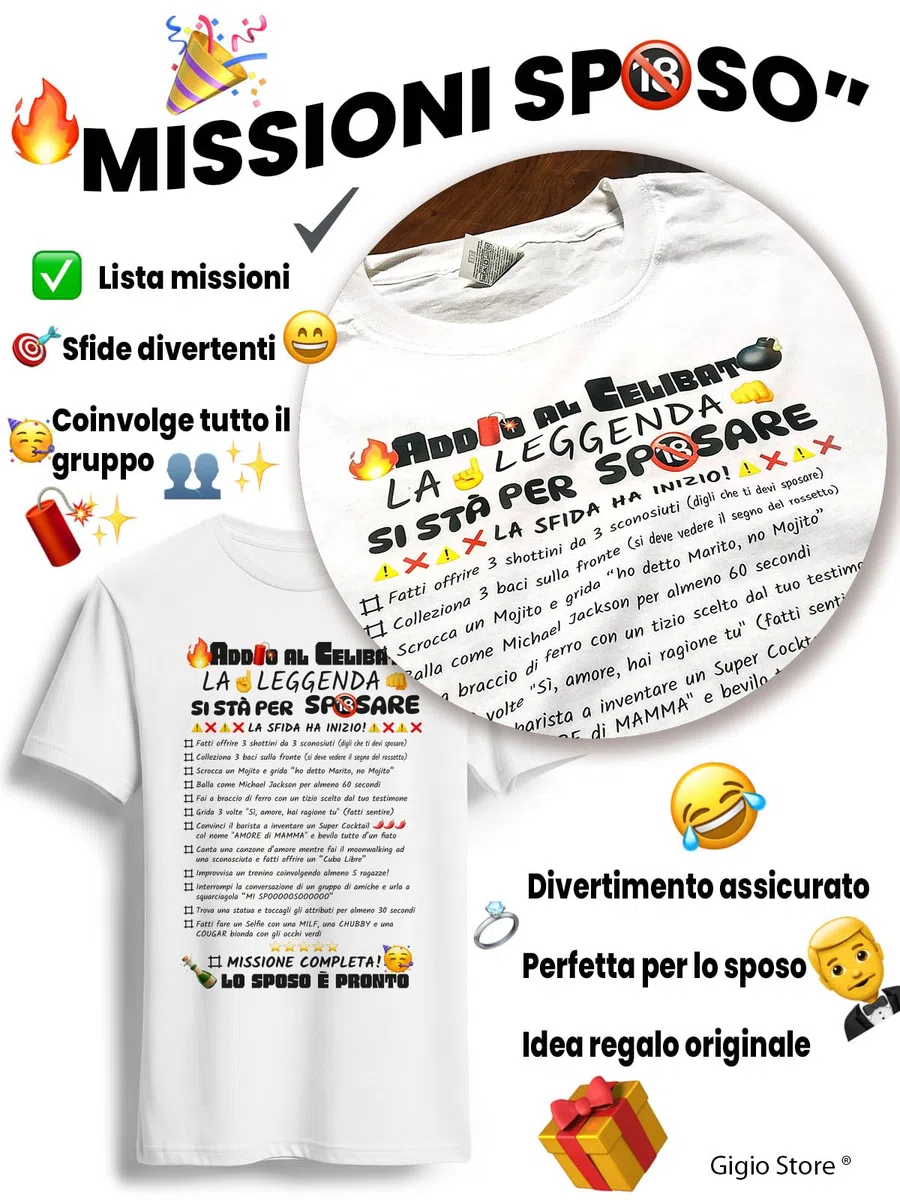 Maglietta Gioco Addio al Celibato Sposo con Lista Missioni Challenge e Penitenze