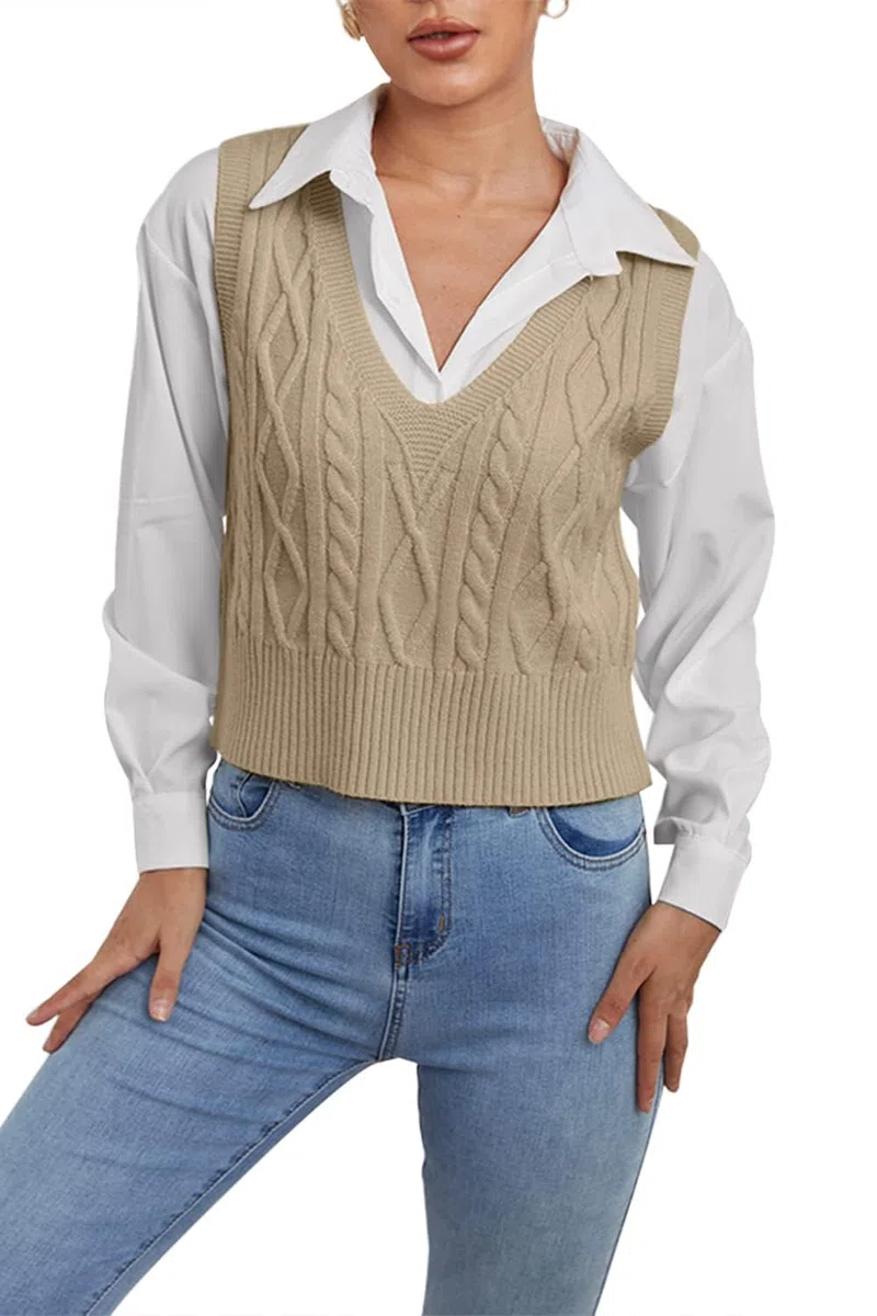 Maglione da donna, senza maniche, con scollo a V, elegante, lavorato a maglia, casual, da donna, autunno, inverno