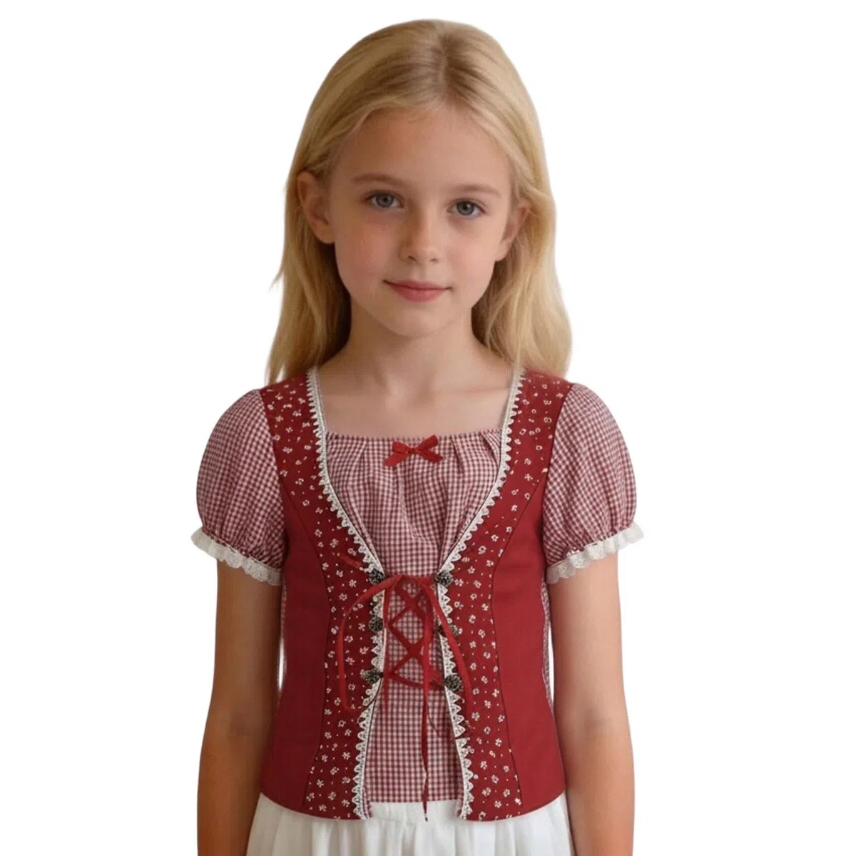 Generico Camicia Bambina A Quadri Stile Bavarese Oktoberfest Blusa Top con Volant Farfalla Brette Pizzo Maniche Corte Elegante Carina per Feste Uniforme Scolastica Uso Quotidiano