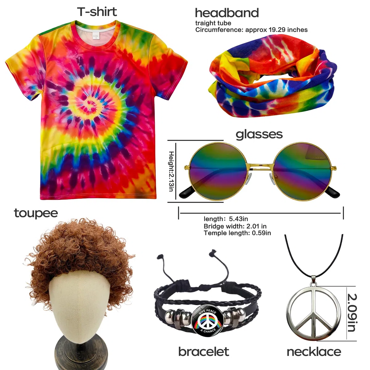 Costume hippie da uomo e donna, set da 60 anni '70, maglietta hippie, parrucca per occhiali, collana per la pace, per cosplay, carnevale, feste a tema, Halloween