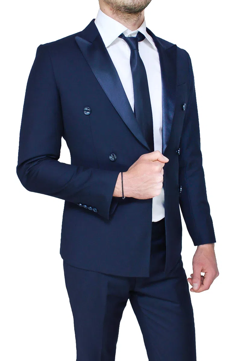 Abito Uomo Sartoriale in Raso Doppiopetto Completo Smoking Elegante Cerimonia