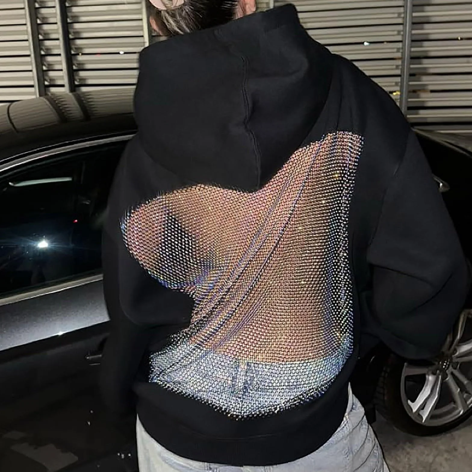 Felpa Con Cappuccio Da Donna Con Dettaglio Posteriore In Rete, Pullover A Maniche Lunghe Con Fascia Integrata, Felpe Con Cappuccio Da Donna, Sexy, Trasparente, Con Dettagli Sulla Schiena Scintillanti