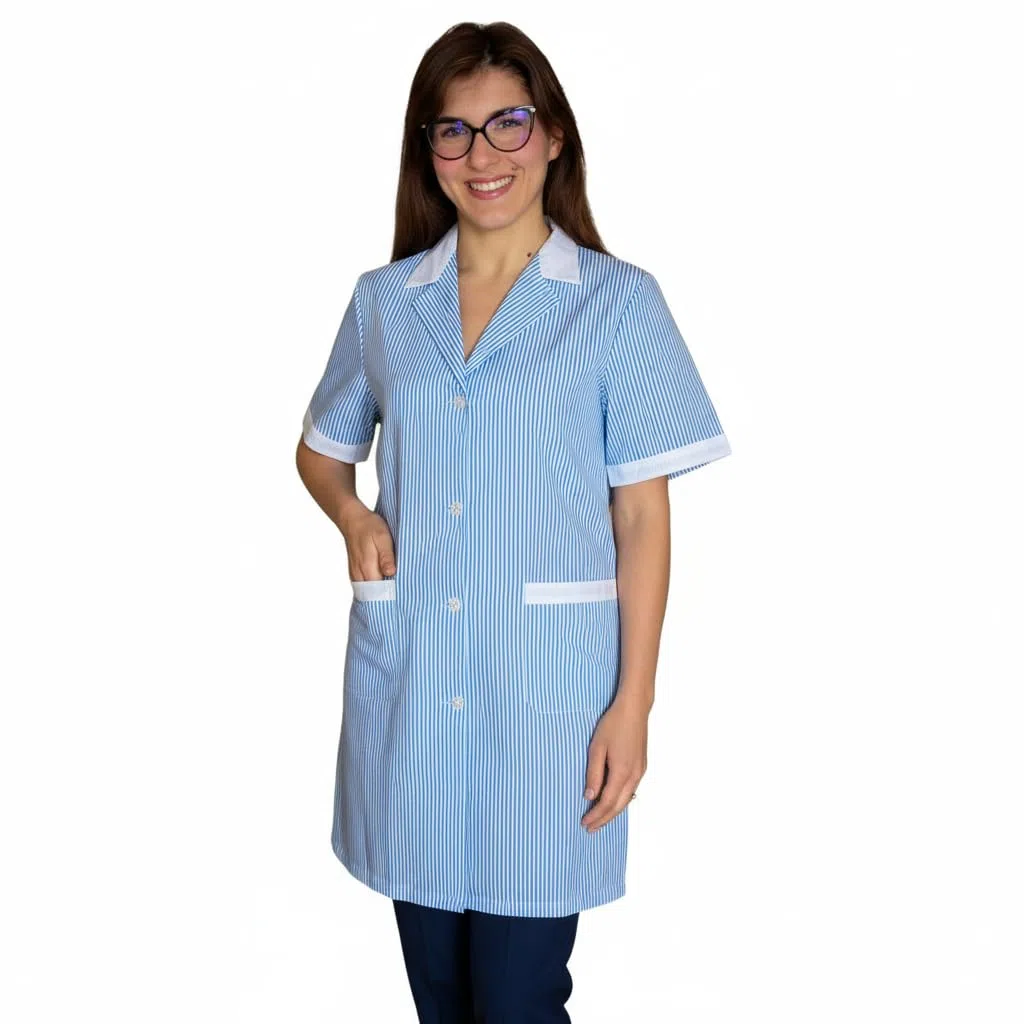 Camice da Lavoro Professionale, Grembiule Donna, Manica Corta, con Tasche, Disponibile in Rosa, Azzurro a Quadretti e Righe