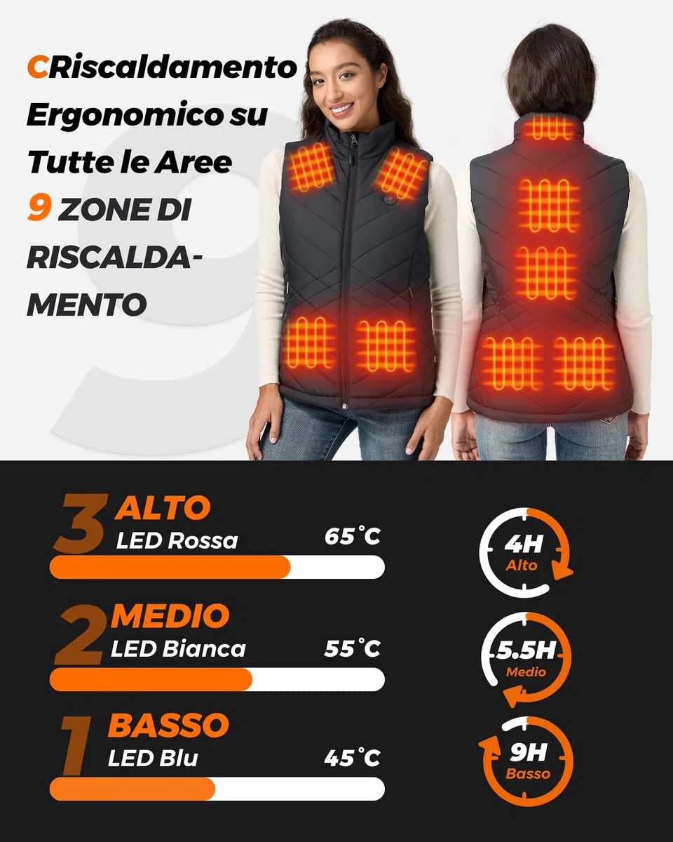 Gilet riscaldabile, da donna, con power bank, 16000 mAh, 7,4 V, 9 zone di riscaldamento, interruttore intelligente 4 in 1, con design di illuminazione, gilet riscaldato, per lavoro all'aperto,