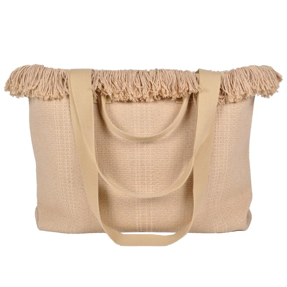 BORSA CON FRANGE E RICAMO GRANDE 100% PL AQUA DI MARE 22929 SENAPE
