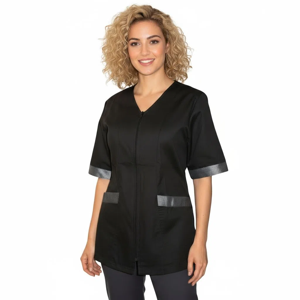 petersabitidalavoro Camice da Lavoro Nero con Inserto,Casacca con Zip, Donna, Estetista,PARRUCCHIERA