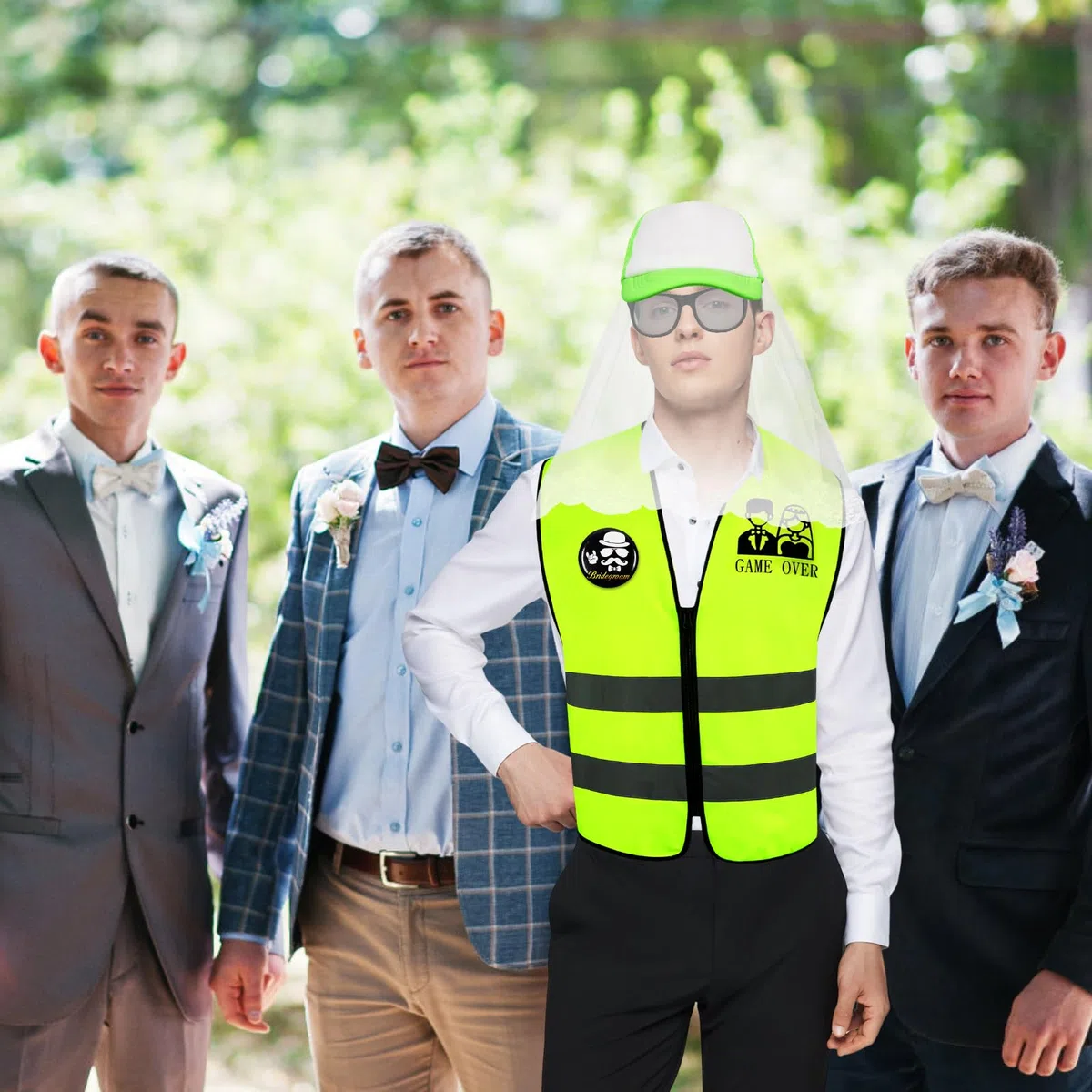 JGA Costume da Uomo per Addio al Celibato con Cappello, Gilet, Occhiali e Distintivi, Divertente Gilet Riflettente, Addio Celibato Gadget Sposo per Festa, Regali Creativi