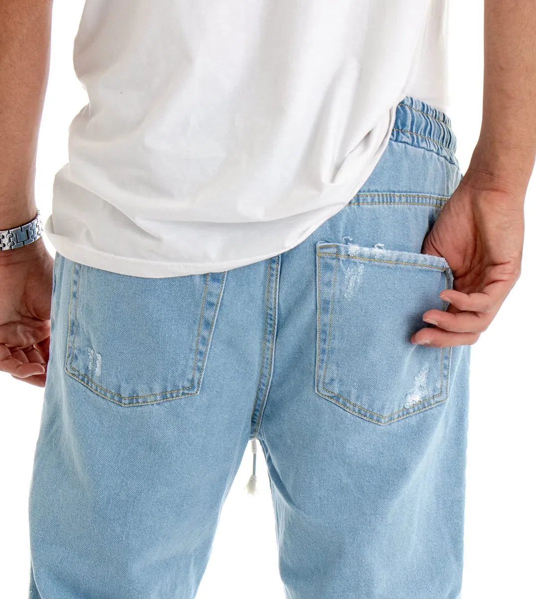 Pantalone Uomo Jeans Tinta Unita Rotture Elastico Coulisse