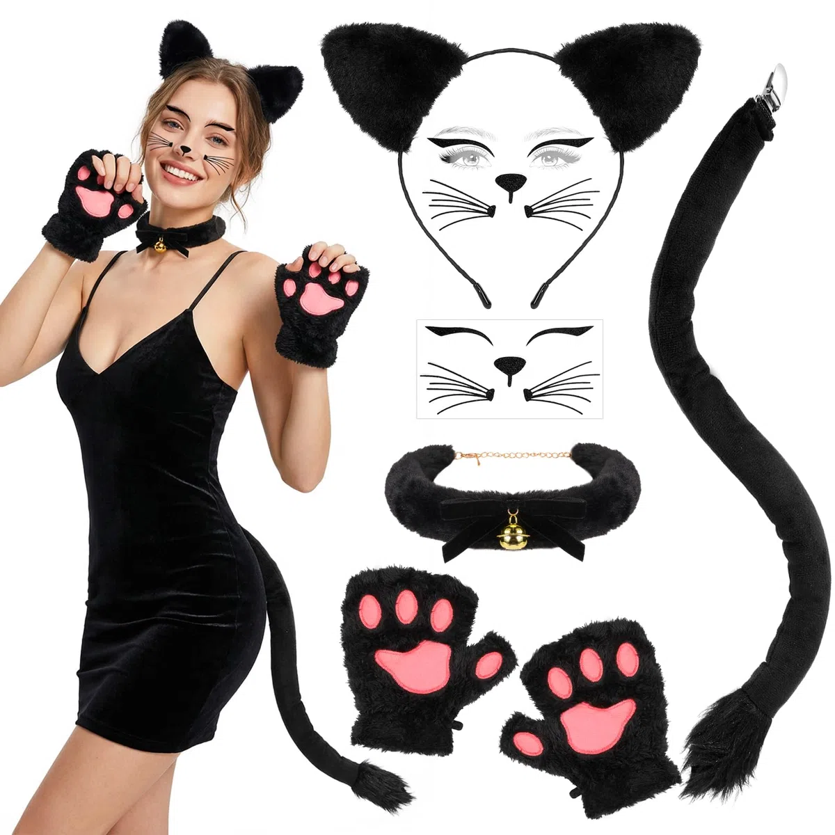 Costume Gatto Donna Cerchietti Orecchie Gatto Collana Guanti con Zampe da Gatto Accessori Catwoman Donna Costume Carnevale Halloween Festa