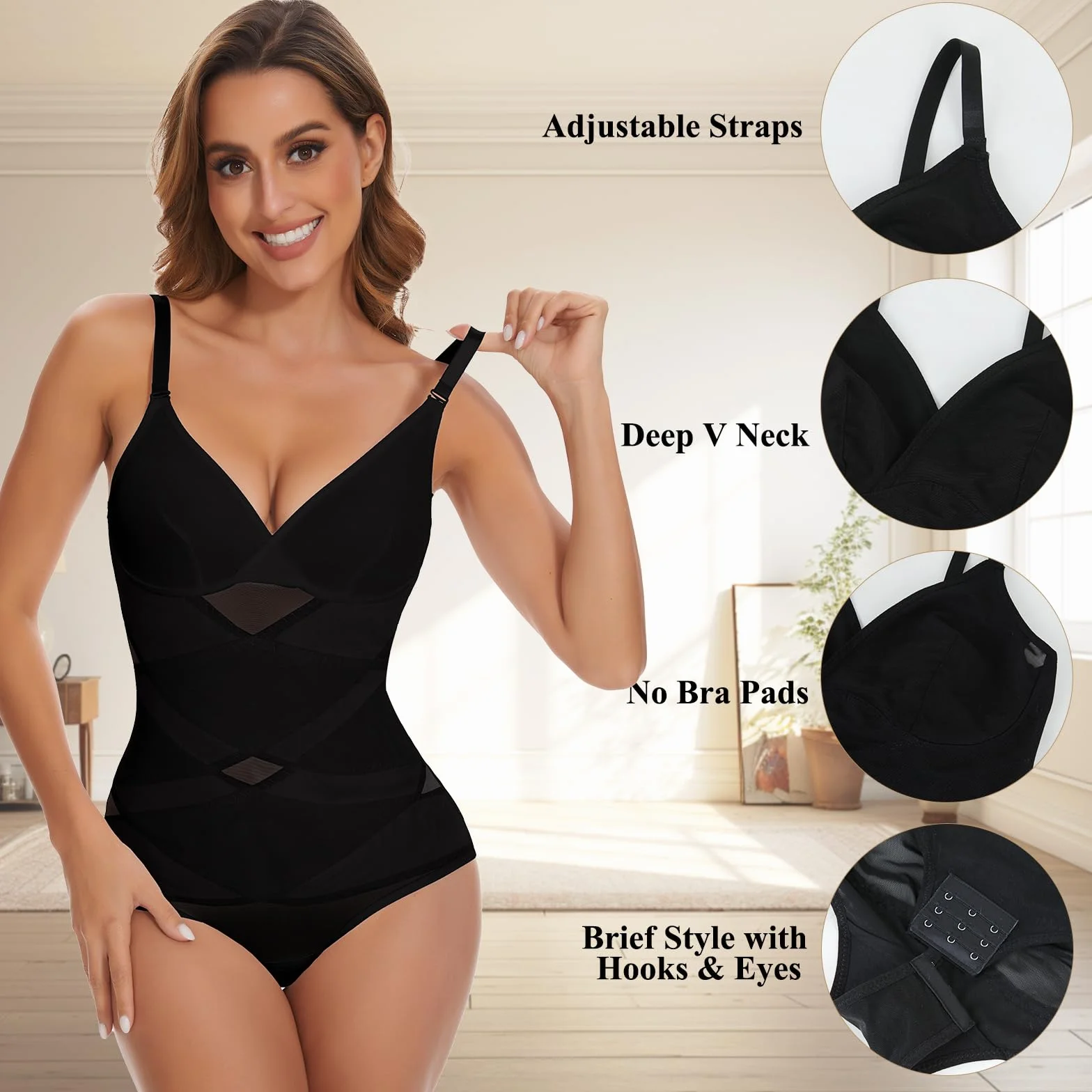 Joyshaper Body modellante da donna, modellante, con scollo a V, con reggiseno