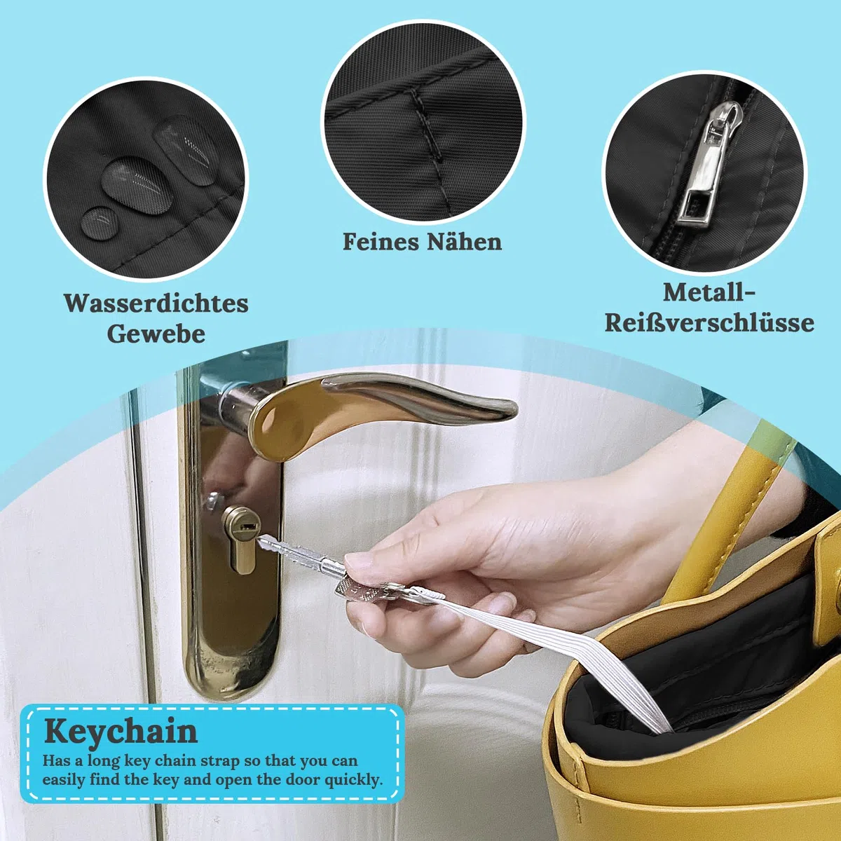 Grantop Organizer per Borse in Nylon e Feltro Con Portachiavi - Tasche Interne Con Catena (Nero M)