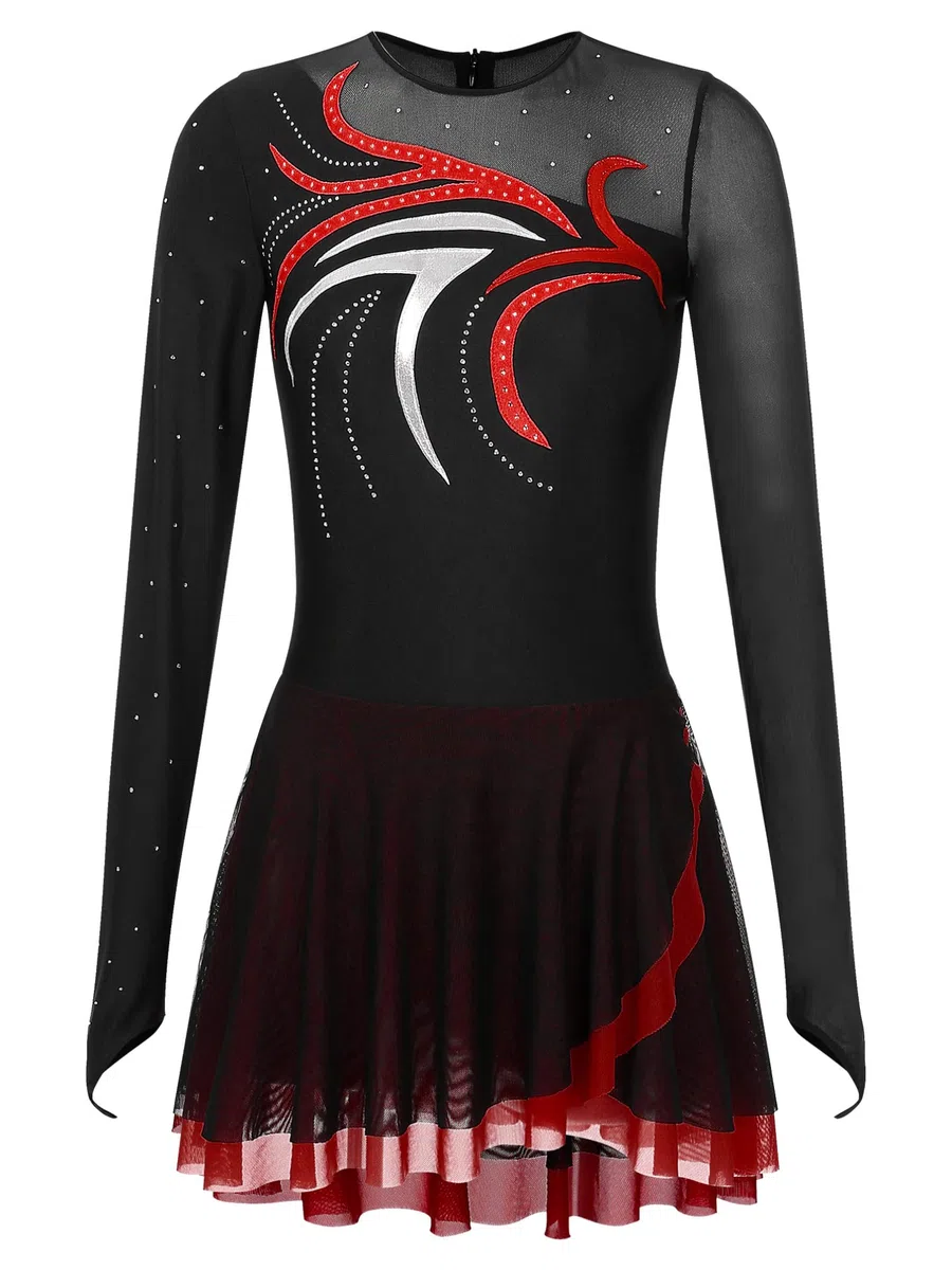 YiZYiF Vestito Pattinaggio Artistico Donna Manica Lunga Glitter Strass Vestito Danza Classica Ballerina Leotards da Balletto Costumi di Danza