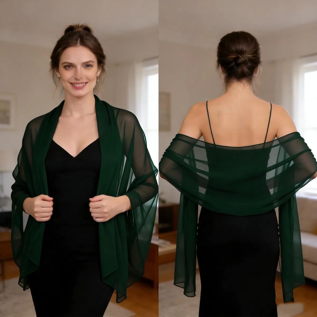 Sciarpa in Chiffon Verde Scuro per Donna, Stola Elegante Cerimonia e Casual, 200 x 70 cm