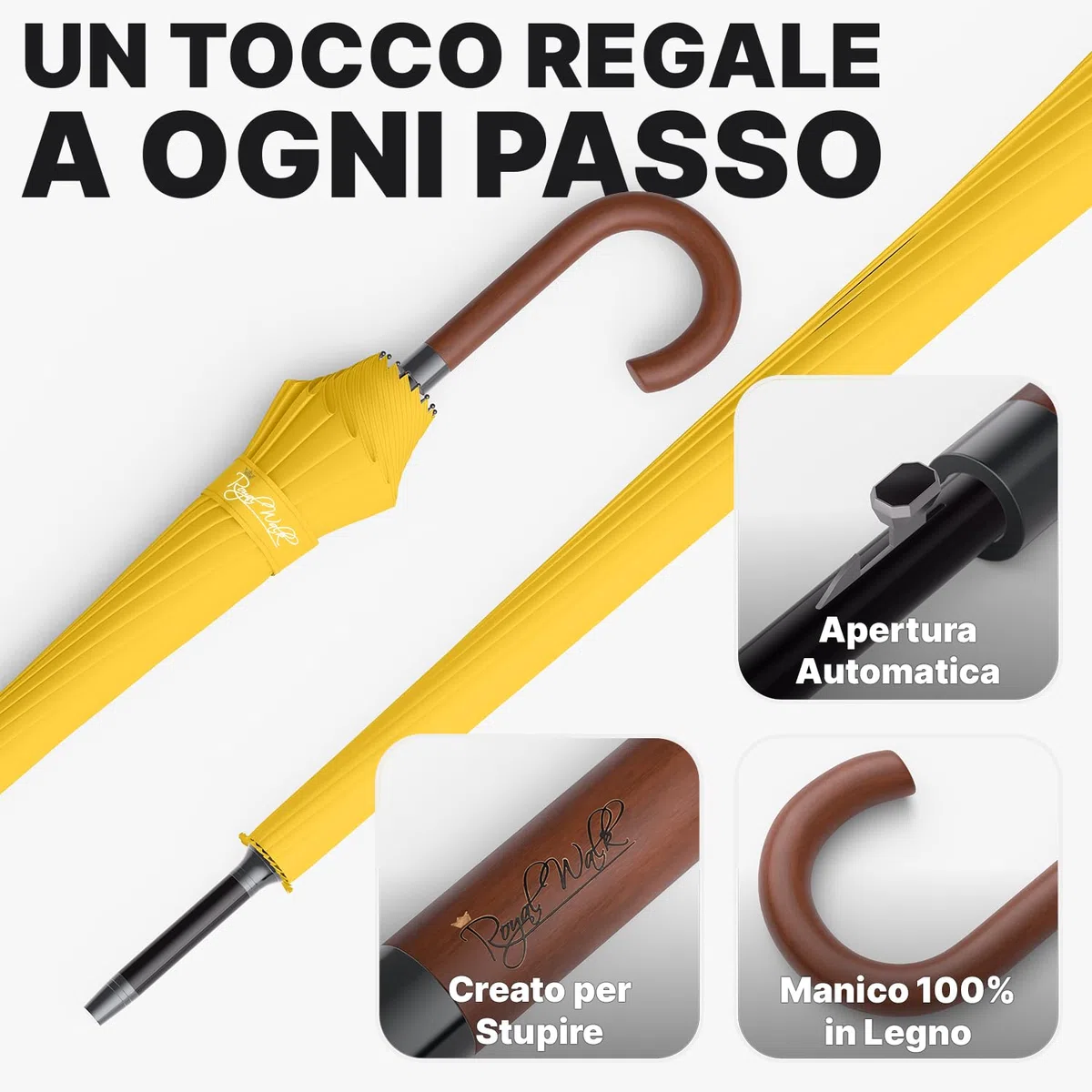 Royal Walk Ombrello Pioggia Antivento Grande 54 Pollici Ombrello Portatile Automatico Aperto Per 2 Persone Uomo Di Legno Leggero Resistente 16 Costole Golf Da Viaggio Impermeabile Robusto 120cm Giallo