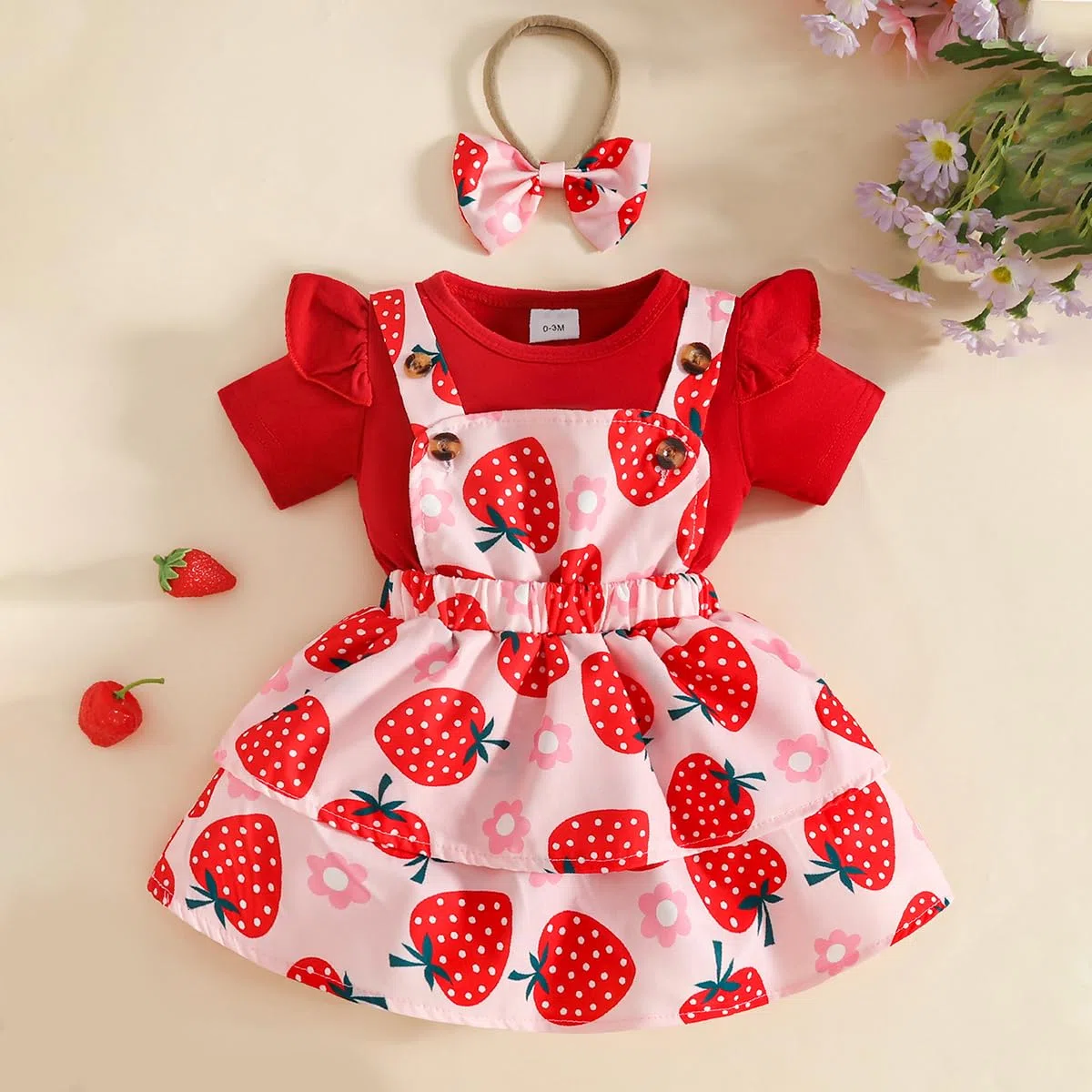 Neonata Bambina Gonne Set Estivo Manica Corta con Stampa a Cuore Top + Regolabile Bretelle Abito + Fascia per Capelli Abiti 3Pcs Completo