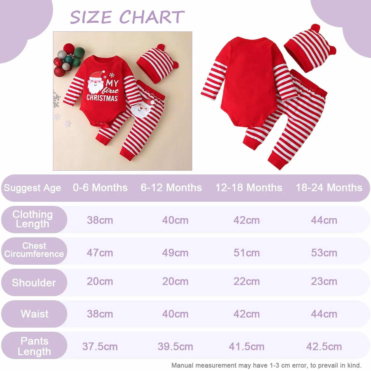 Completo per Neonate Set, Maniche Lunghe Volant Vestiti Bambina con My First Christmas, Pagliaccetto a Righe con di Babbo Natale Pantaloni e Cappello, Giorno di Natale per 0-24 Mesi, Rosso