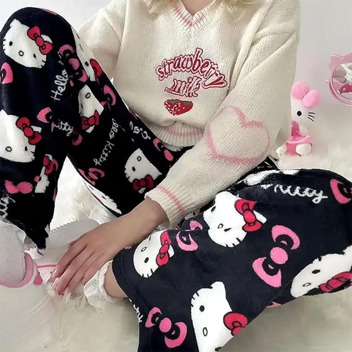2PC Pantaloni Pigiama Flanella Donna Lungo, Pantaloni Pigiama Donna Y2K Cartoon Anime Kawaii Pigiami Morbido Comodo Caldo Pile Invernale Casual Casa Pigiamino Pantalone per Natale e Halloween