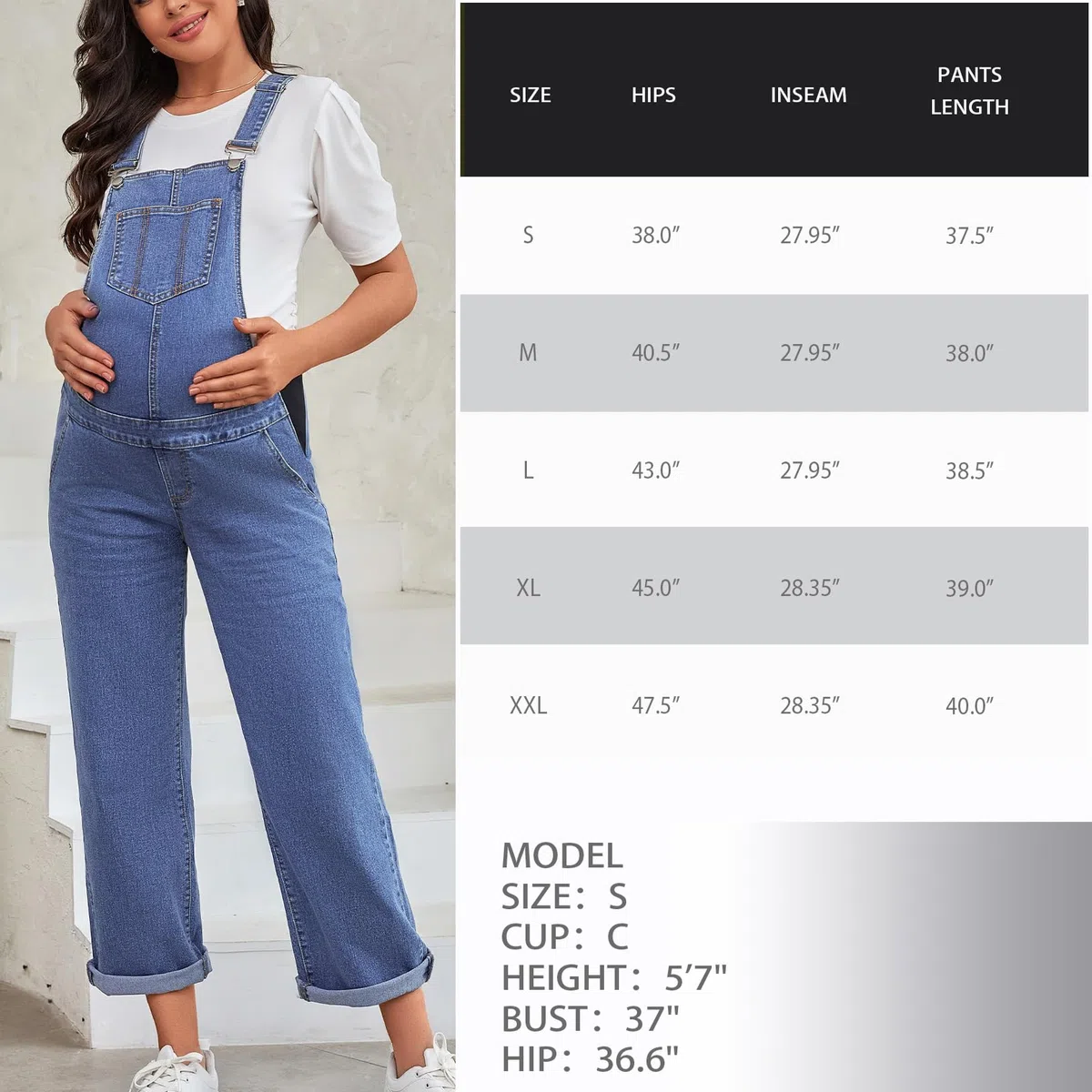 Salopette premaman con bretelle gamba dritta lunghezza alla caviglia tuta in denim premaman per donna incinta
