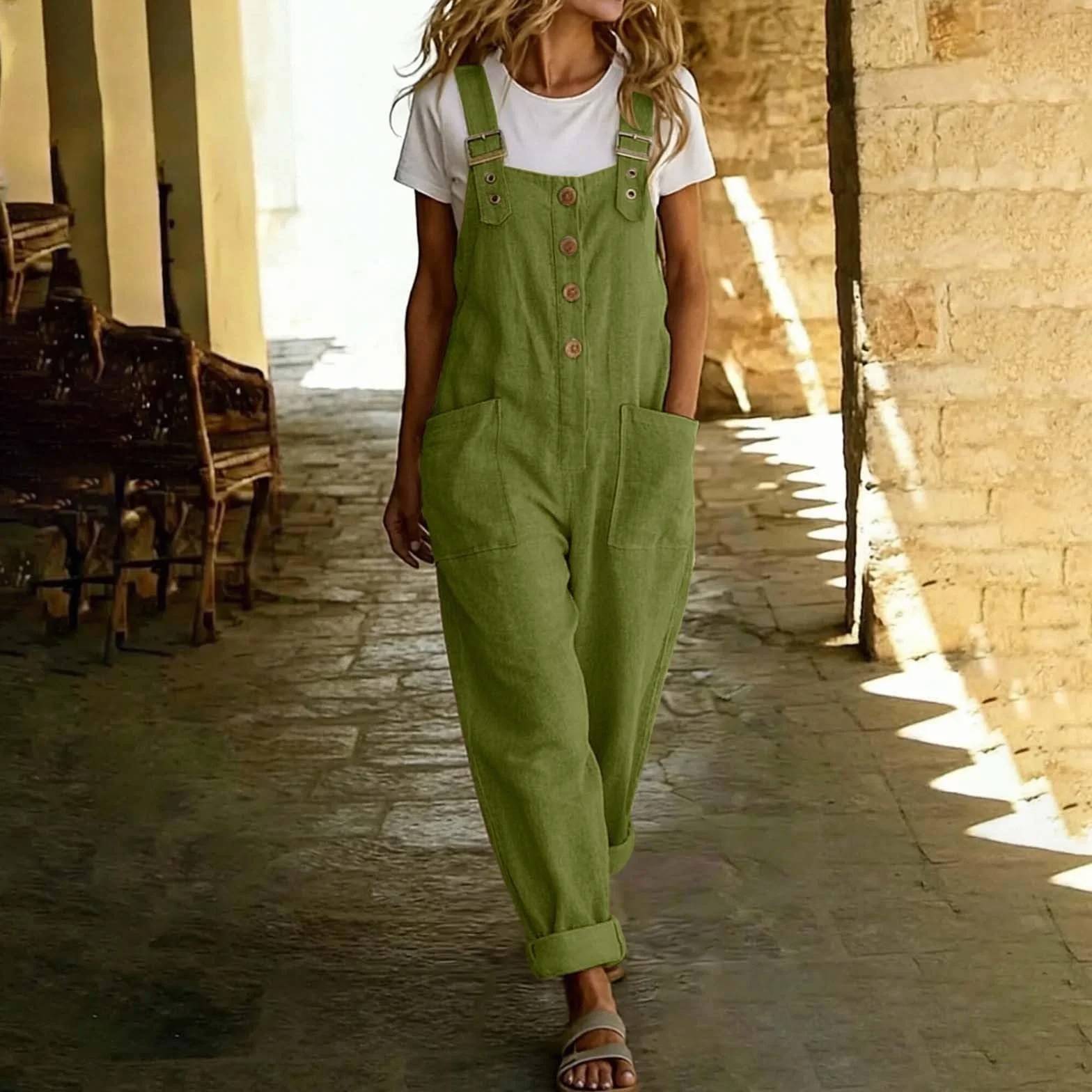 Salopette Donna Tuta Estiva in Puro Tessuto Misto, Gamba Larga, con Tasche, vestibilità Casual e Ampia, Senza Spalline. Jeans Estivi Leggeri