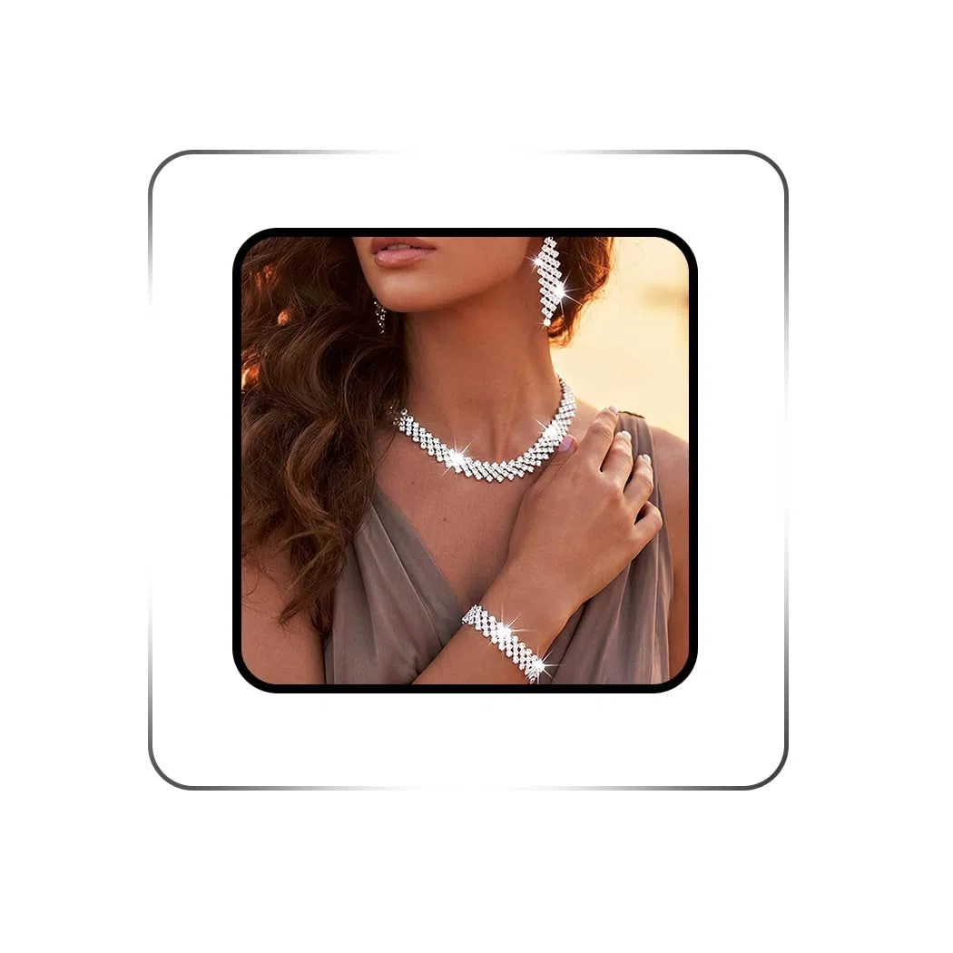 Set di gioielli da sposa in argento con strass, collana, bracciale, orecchini con cristalli scintillanti, adatti per l'anniversario di matrimonio per donne e ragazze