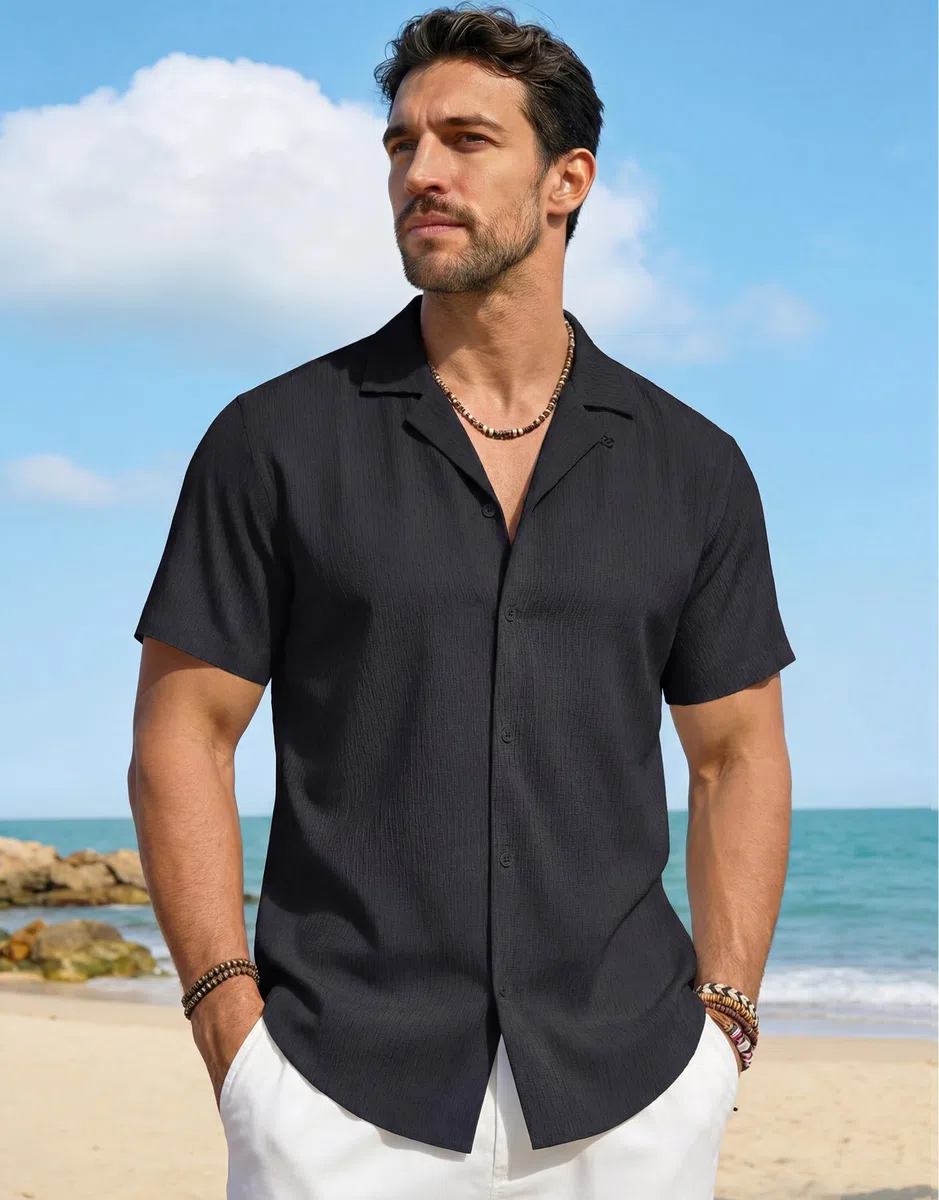 Cavva Camicie da uomo Cuban Guayabera Casual Manica Corta Button Down Camicia testurizzata Leggera Estate Spiaggia Camicie hawaiane