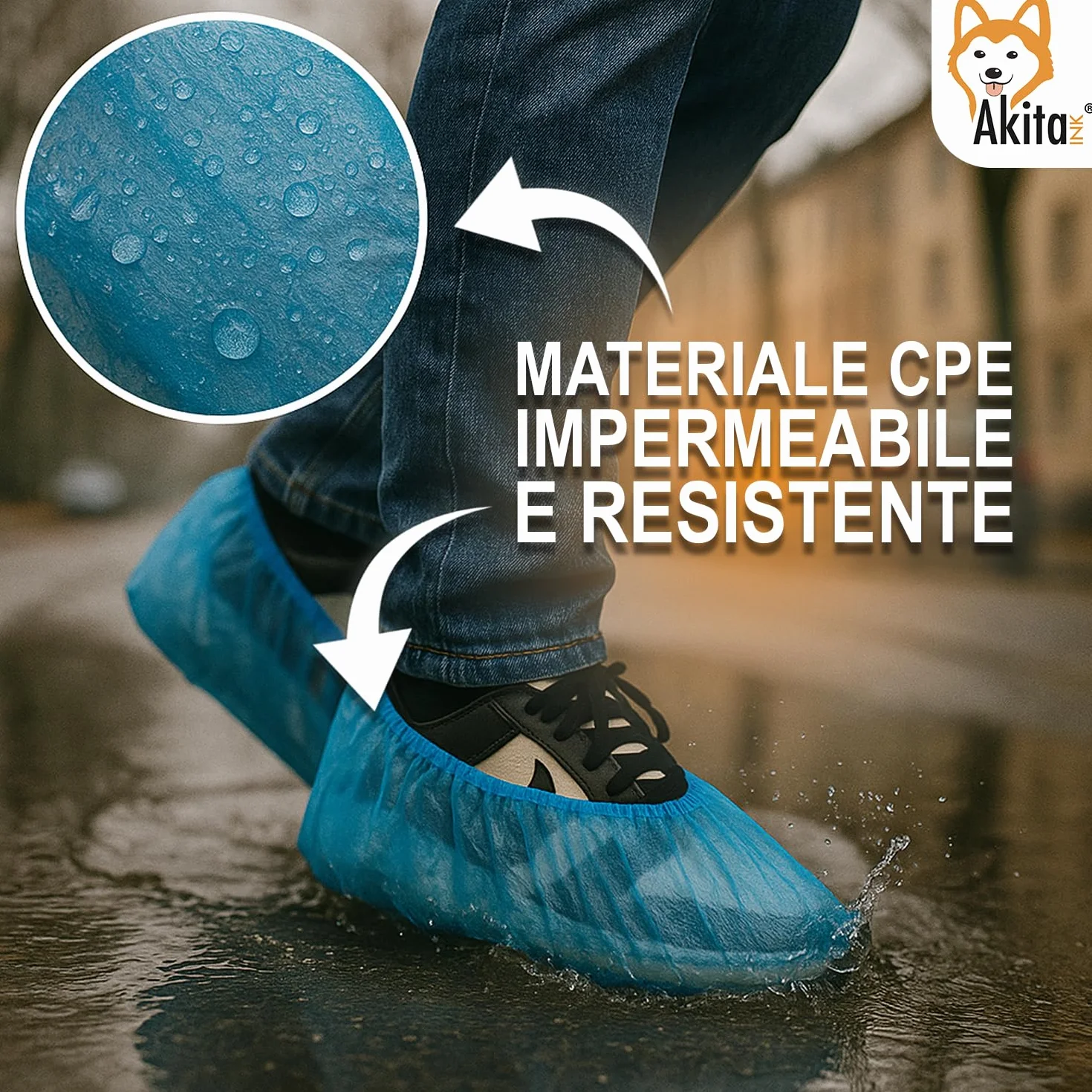 AKITAInk 100 Copriscarpe Monouso Resistenti | CPE, Impermeabili, Blu, Fondo Goffrato, Taglia Unica Fino al 48, DPI Dispositivi di Protezione Individuale per Pulizia, Cliniche, SPA, Giardinaggio
