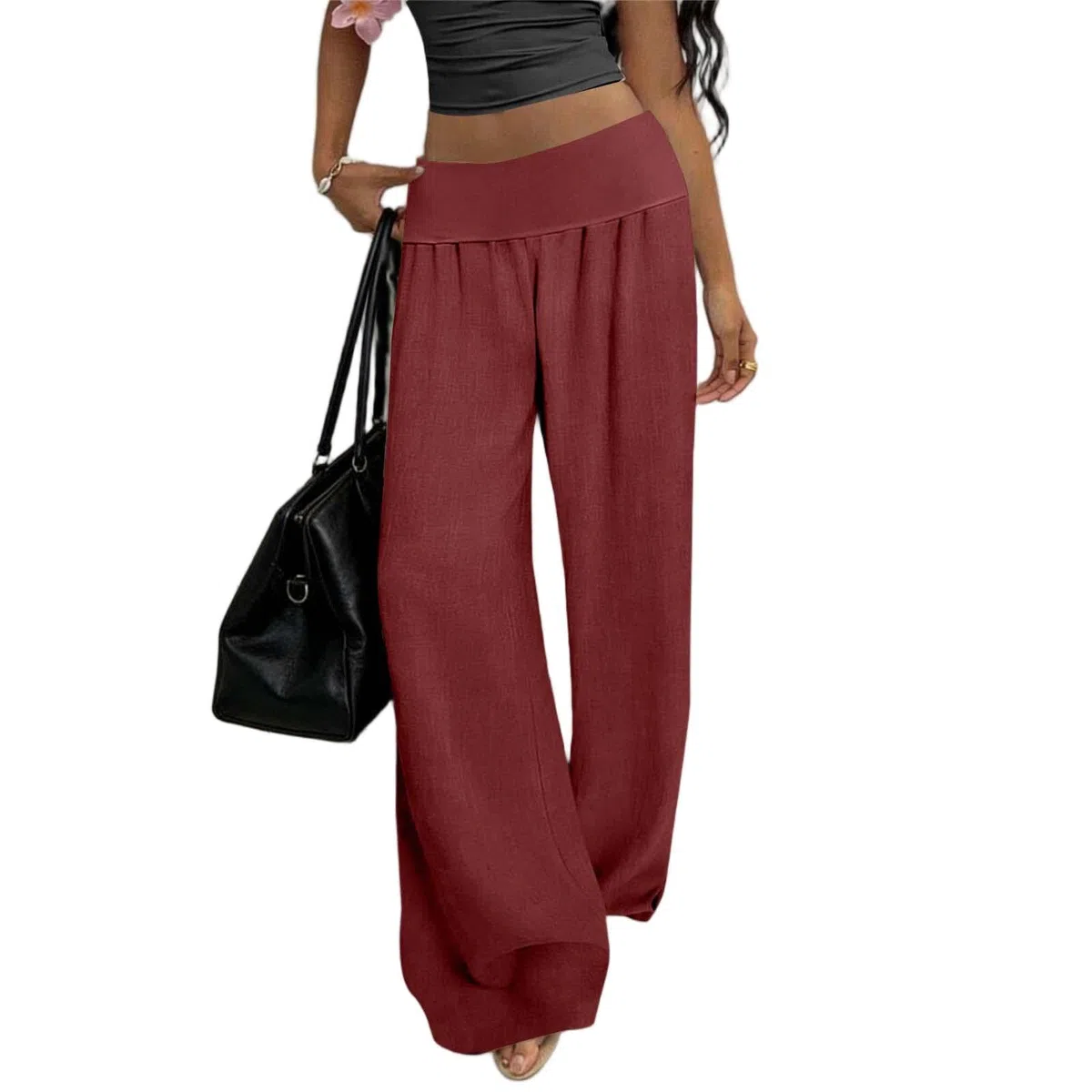 Pantaloni Donna Lino Larghi Pantalone Estivi Fluidi Vita Alta Pantalone Casual per Business Pantaloni con Tasca Gamba Larga Pants Comodi Elastico per Ufficio Pant Taglie Forti e Coulisse Regolabile